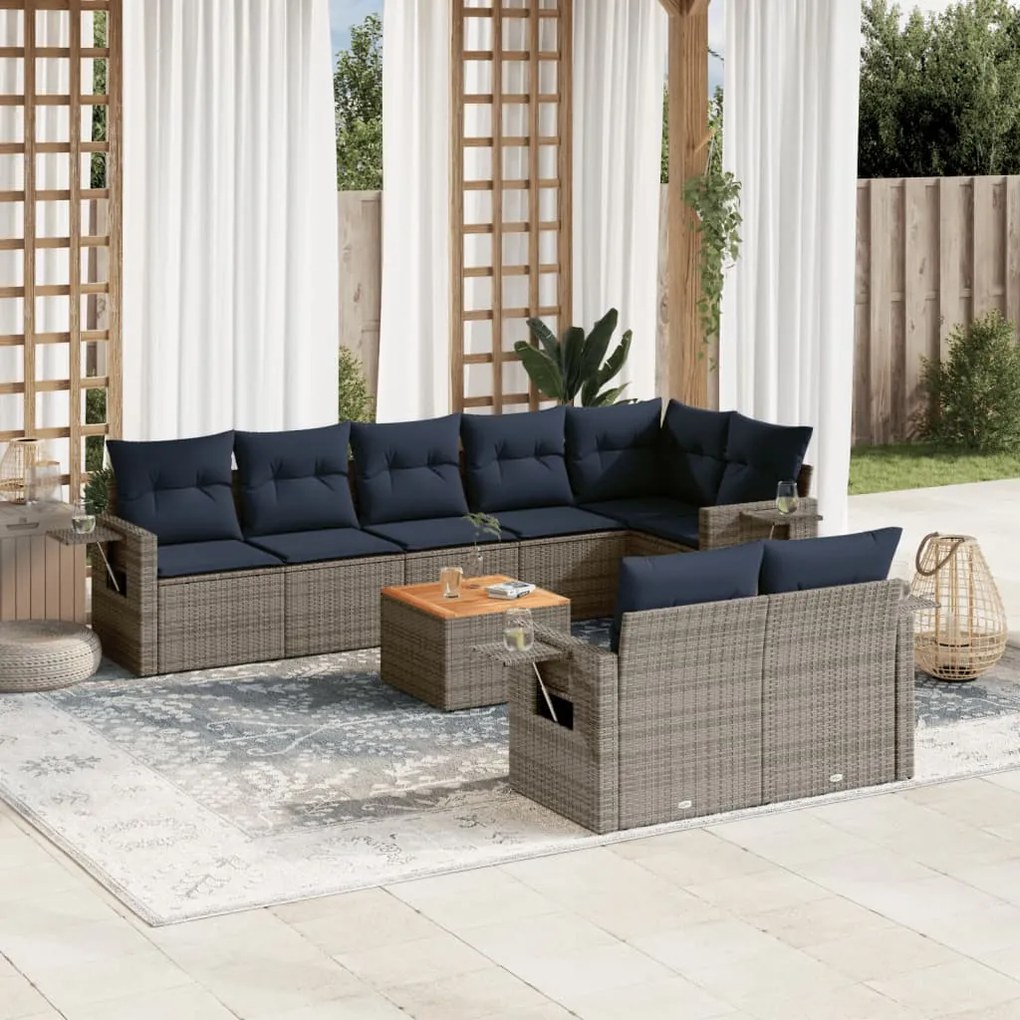 vidaXL 9 pcs conjunto sofás p/ jardim c/ almofadões vime PE cinzento