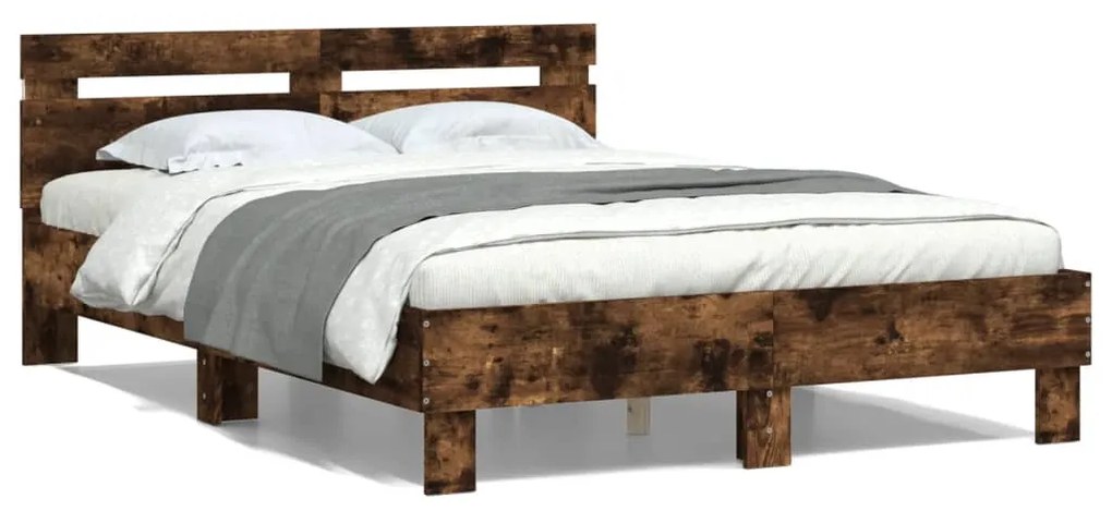 vidaXL Estrutura cama c/ cabeceira/luzes LED 120x200cm carvalho fumado