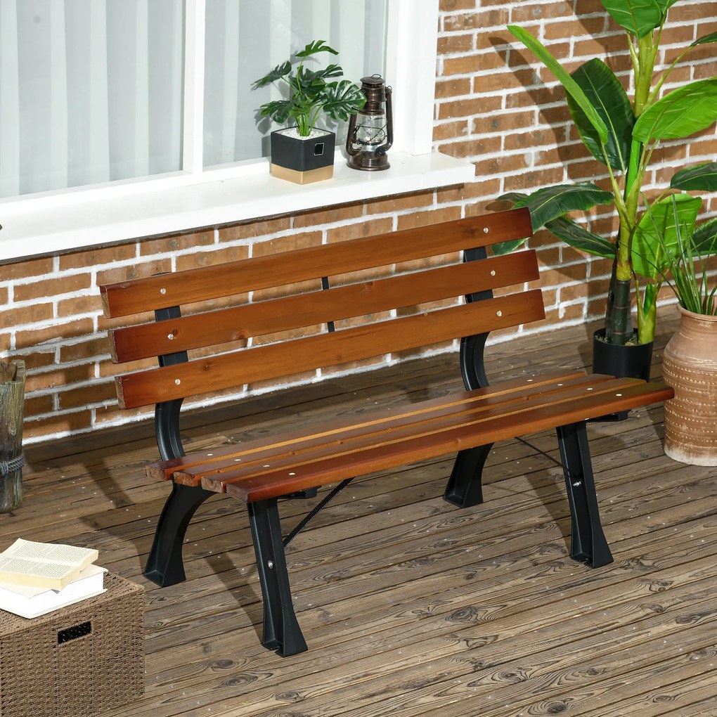 Banco de jardim para exterior com 2 lugares, em alumínio e ripas de madeira, 120 C x 57 L x 70 A cm preto, castanho
