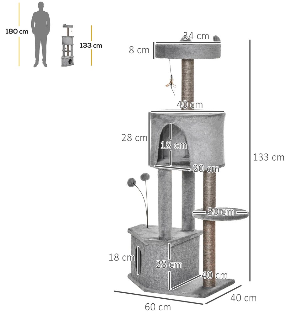 Árvore Arranhadora para Gatos 60x40x133cm Torre para Gatos com Caverna de Feltro Removível Cama de Pelúcia Suave Postes Arranhadores de Sisal Natural