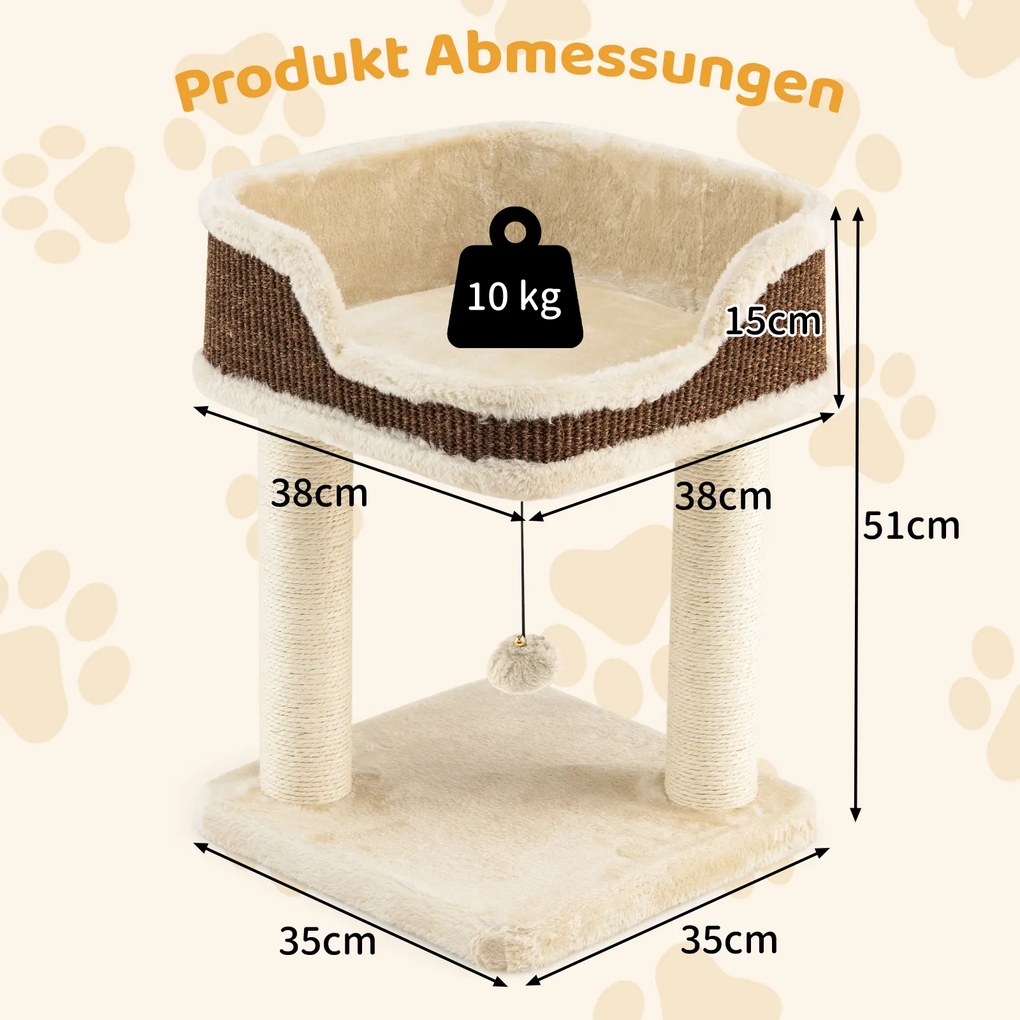 Arranhador para gatos 38 x 38 x 51 cm pequeno com assento em pelúcia, bola e colunas de sisal, bege
