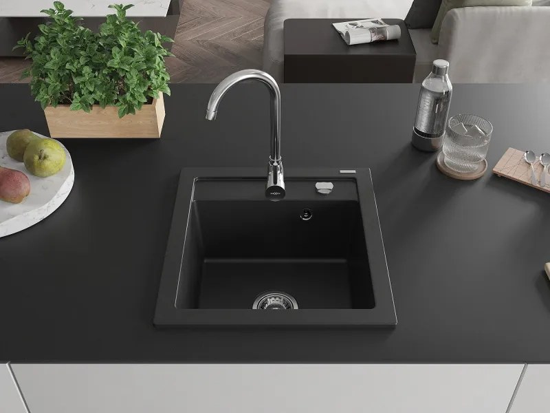Mexen Vito lava-louça de granito com 1 cuba 520 x 490 mm, preto, sifão cromado - 6503521000-77