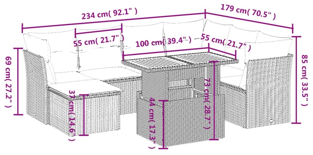 8 pcs conjunto de sofás p/ jardim com almofadões vime PE bege
