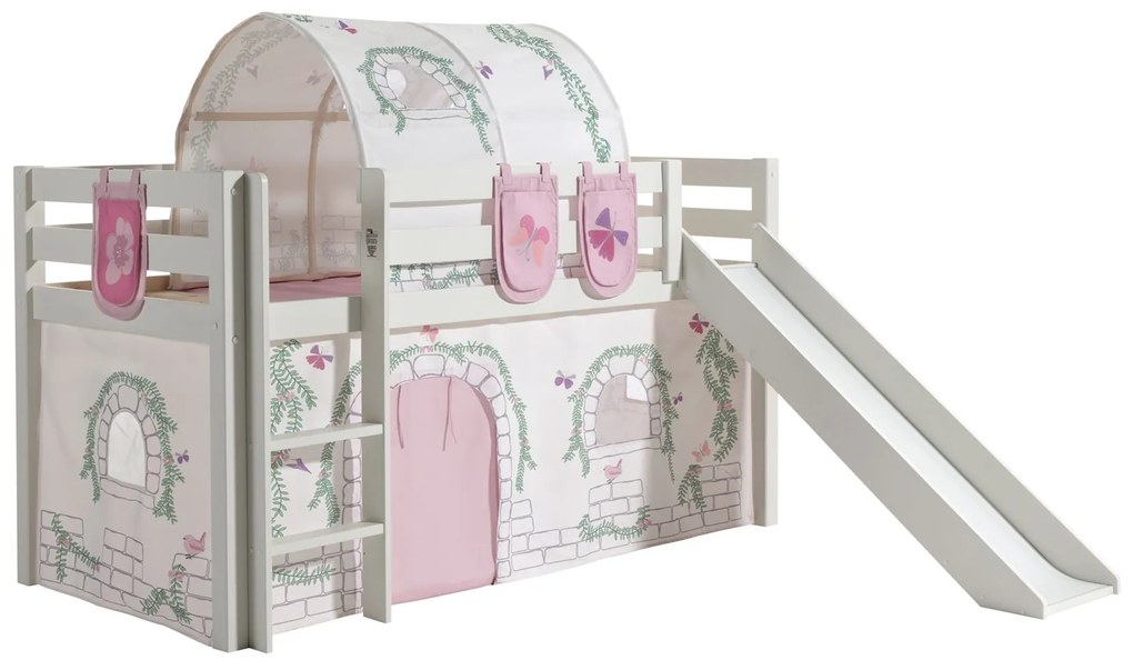 Conjunto Cama alta de Criança PINO 90 x 200 cm + estrado + escada + escorrega + cortina + 3 bolsas + túnel Pássaros branca