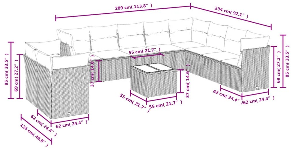 11 pcs conjunto sofás de jardim c/ almofadões vime PE preto