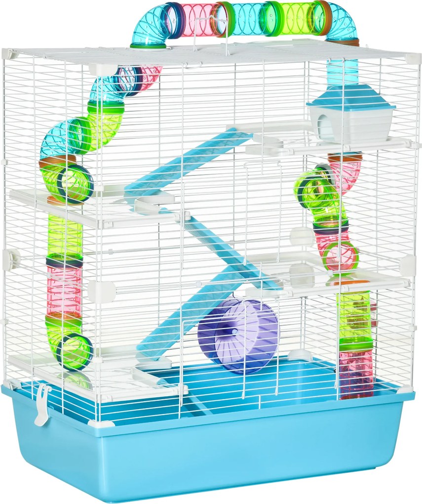 Pawhut Gaiola para Hamster Grande 59x36x69 cm 4 Plataformas Tubos Comedouro Bebedouro 4 Rampas Roda de Exercícios e 2 Alças | Aosom Portugal
