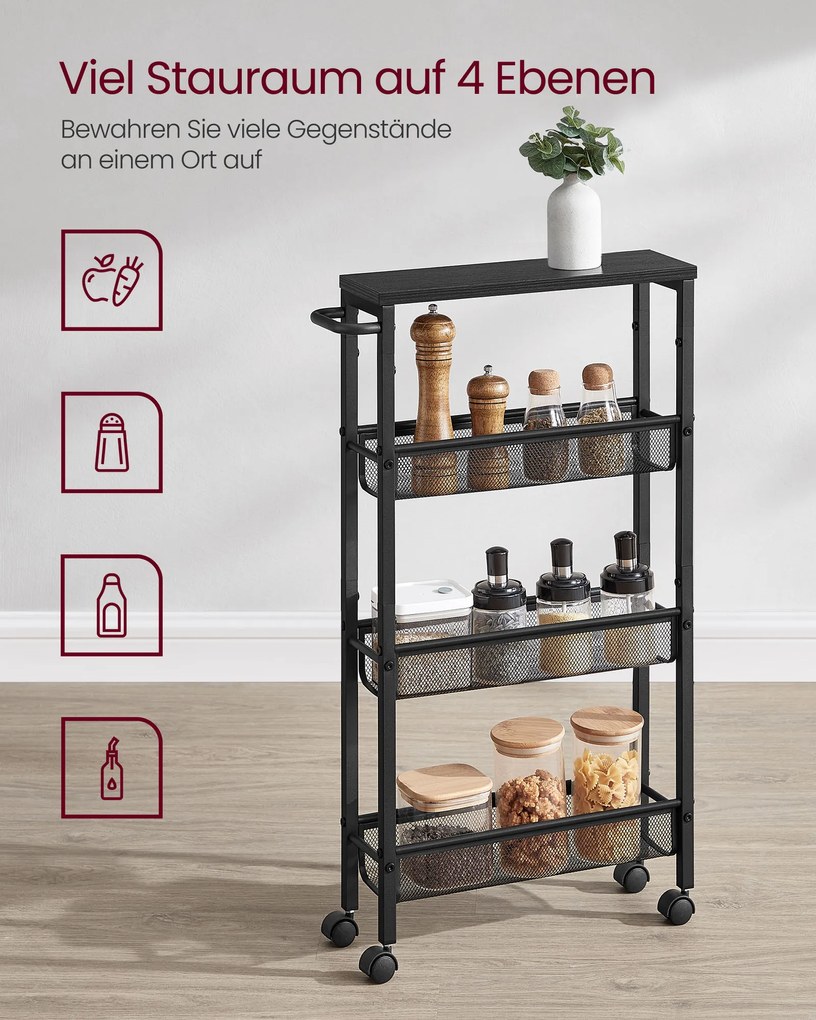 Carrinho cozinha estreito 13 x 45,4 x 77 cm com 4 prateleiras e pega em preto