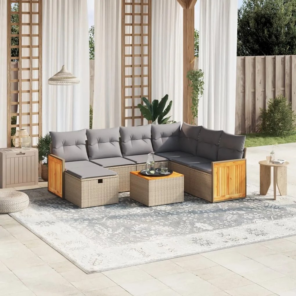 vidaXL 8 pcs conj. sofás jardim c/ almofadões vime PE bege misturado