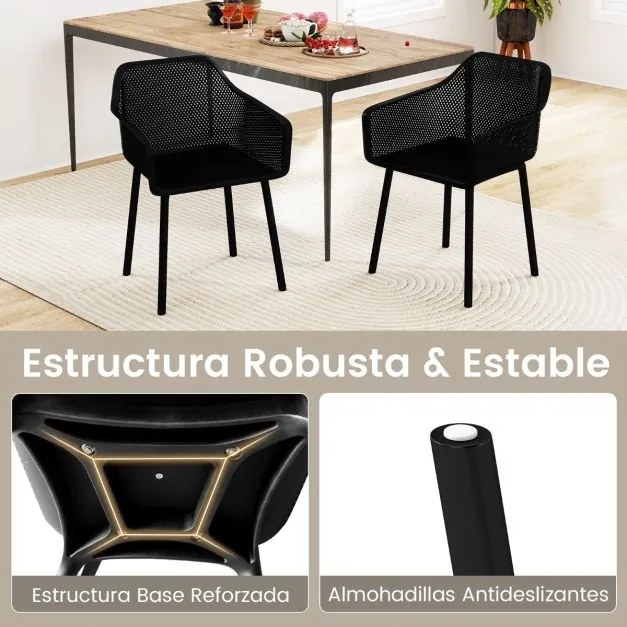 Conjunto de 2 cadeiras de plástico para sala de jantar com encosto em malha respirável e pernas robustas pretas