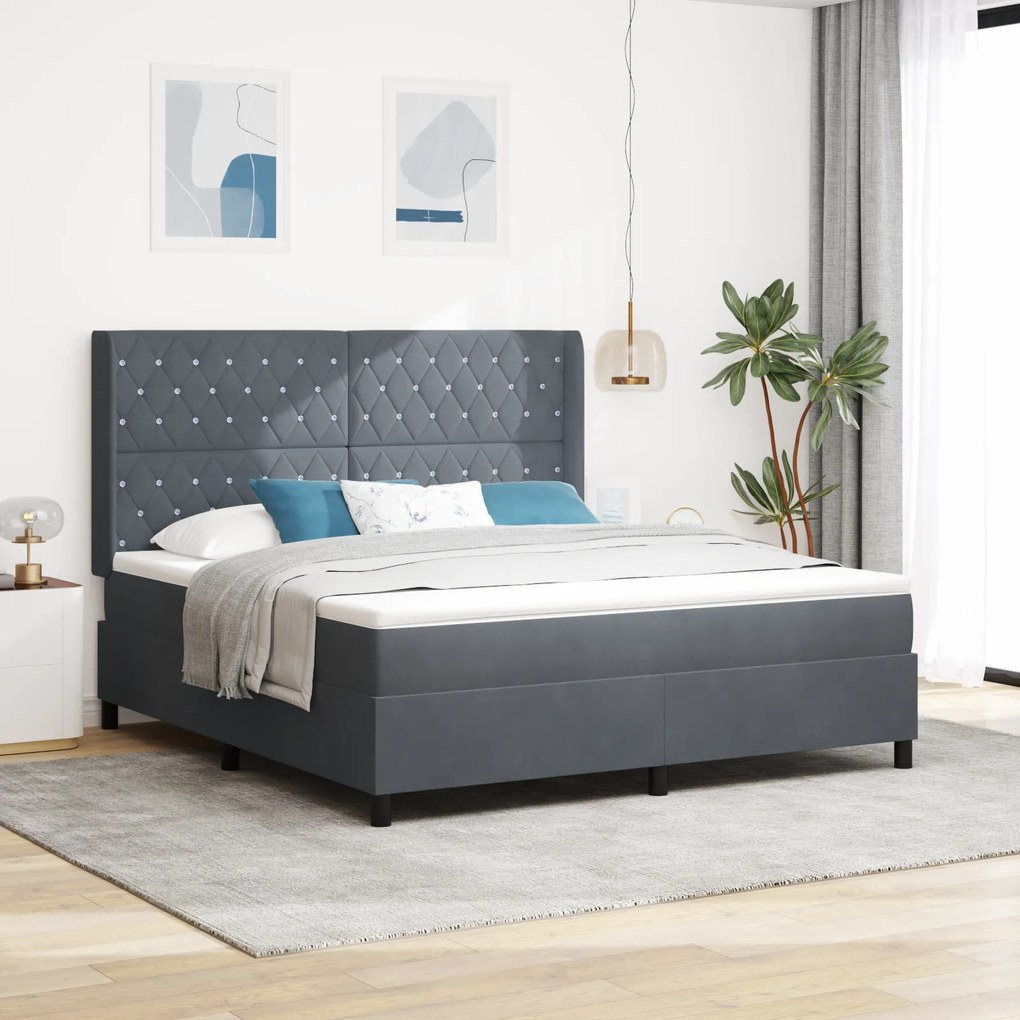 Cama Box Spring com Colchão cinza escuro 180x200 cm Veludo