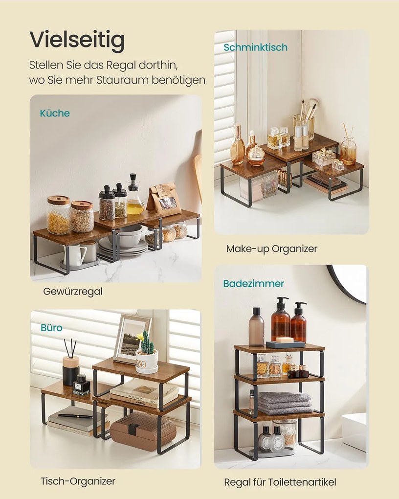Conjunto de 3 prateleiras cozinha para especiarias empilháveis e extensíveis, castanho vintage-preto