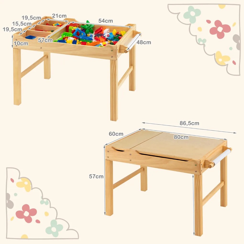 Mesa de actividades para crianças em madeira com encosto reversível, compartimentos e suporte para rolos de papel 86,5 x 60 x 57 cm-Natural