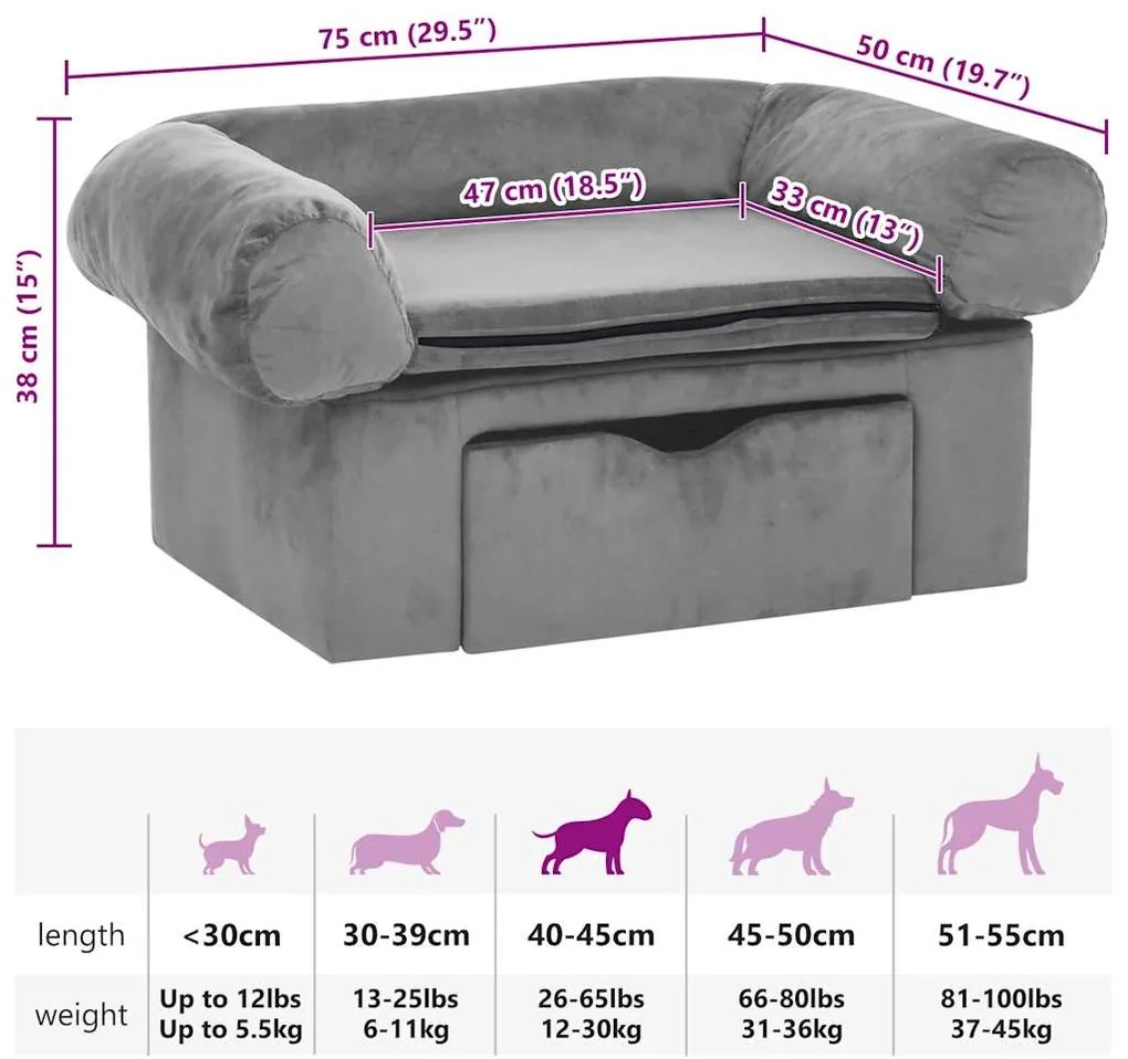 Sofá para cães com gaveta 75x50x38 cm pelúcia cinzento