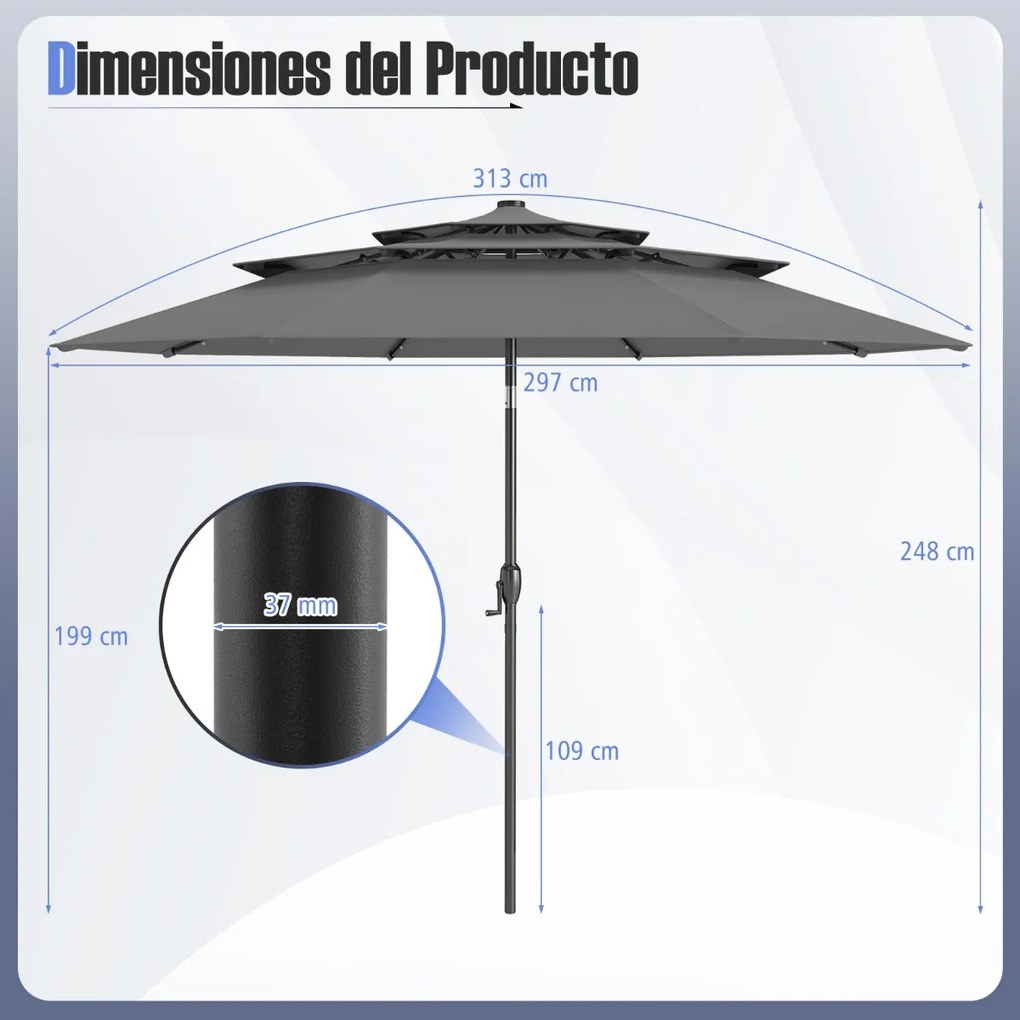 Guarda-sol Jardim de 313 cm com 32 luzes LED Teto ventilado de 3 níveis Ajuste de inclinação Cinzento
