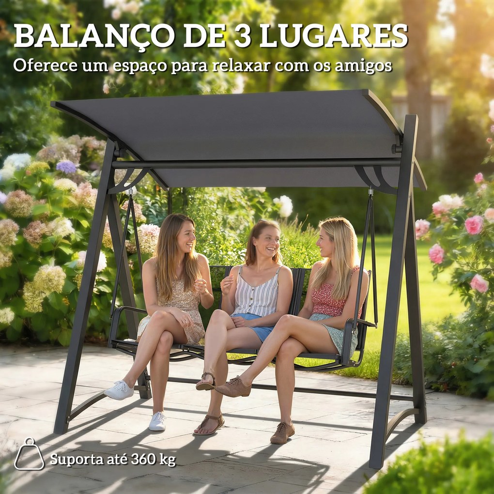 Baloiço de Jardim de 3 Lugares com Teto Ajustável UPF50+ Assento Transpirável e Estrutura em Metal 188x130x183 cm Cinza