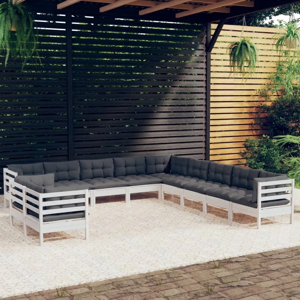 11 pcs conj. lounge de jardim c/ almofadões pinho maciço branco