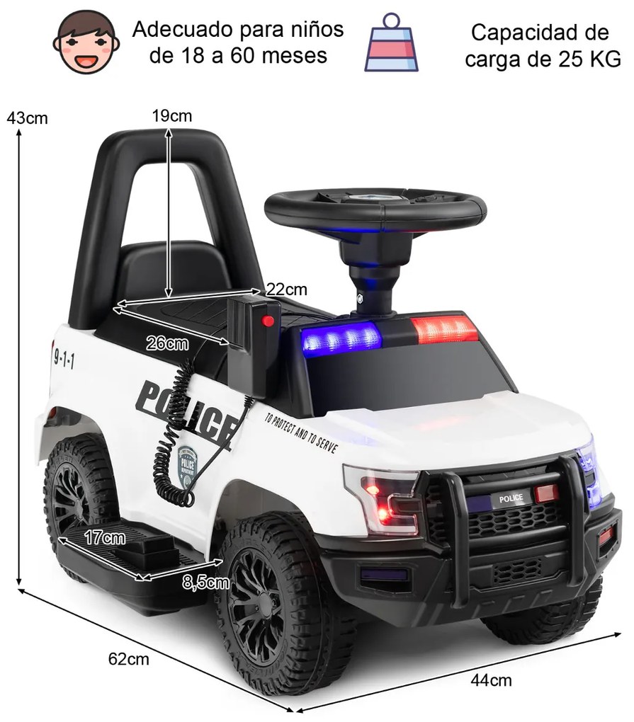 Carro de Polícia Elétrico para Crianças Bateria 6V com Megafone Alarme Luz para 18-60 Meses 62 x 44 x 43 cm Branco