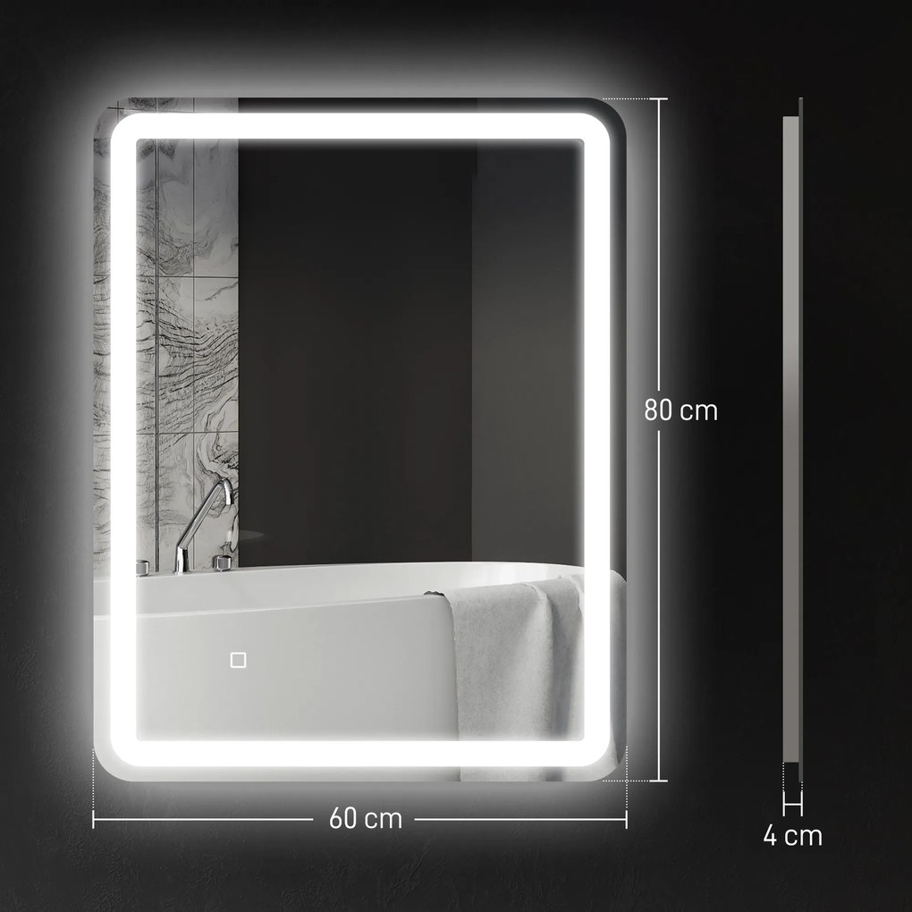 Espelho Casa de Banho com Luzes LED 60x80 cm Função Antiembaciamento 3 Temperaturas de Cor Ajustável e Função de Memória