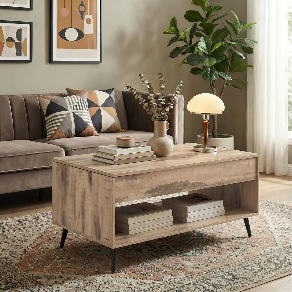 Mesa de sala, mesa de centro com altura ajustável 50 x 100 x 45/58,5 cm, compartimento oculto castanho-camelo e preto