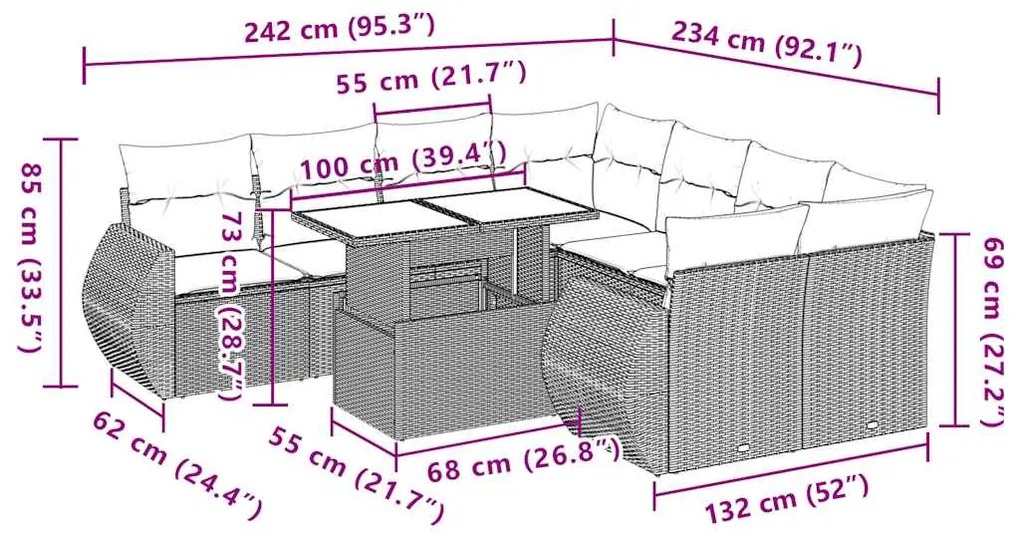 9 pcs conjunto de sofás p/ jardim com almofadões vime PE bege