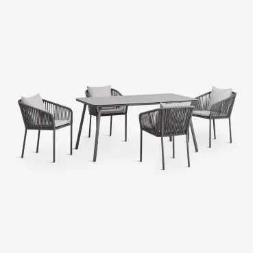Conjunto De Mesa Retangular 160x90 Cm E 4 Cadeiras De Jardim Em Corda Trançada Arhiza Classic Cinza Grafito - Sklum