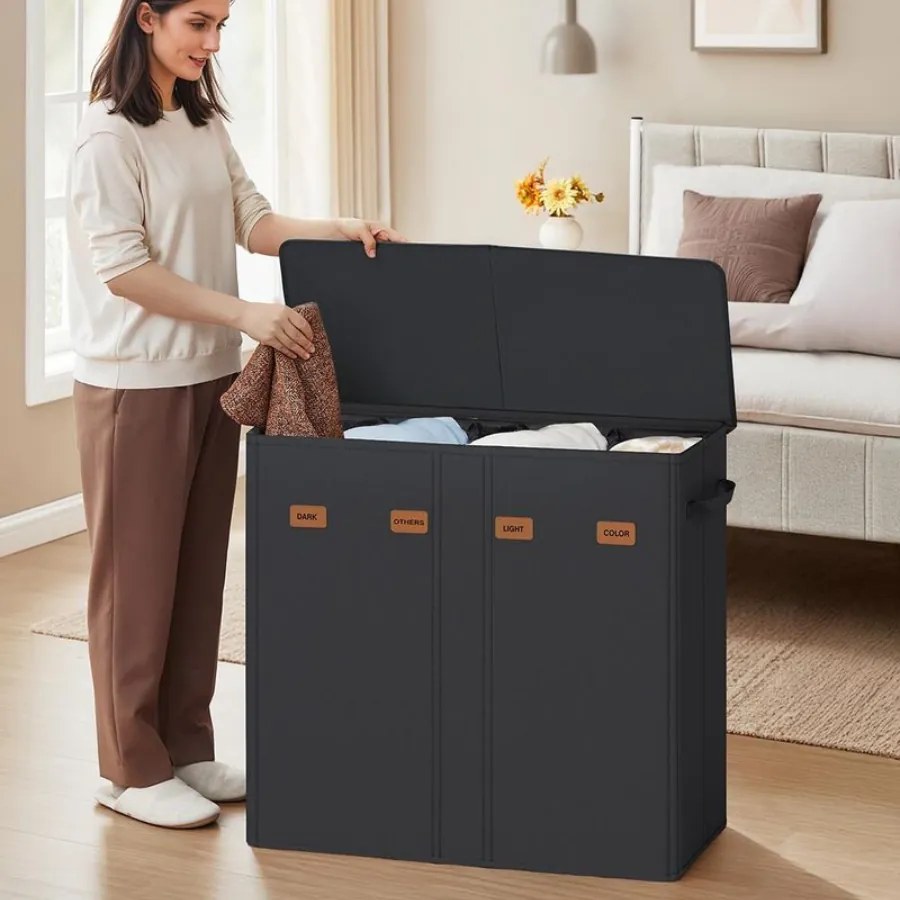 Cesto para roupa suja com três compartimentos (210L) 84 x 33 x 75 cm Preto