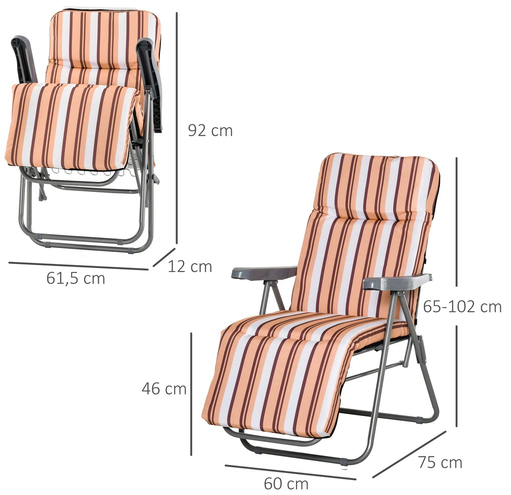 Outsunny 2 Espreguiçadeiras de Jardim Dobráveis Espreguiçadeiras de Aço com Almofada Acolchoada Encosto Ajustável em 5 Posições e Apoio para os Pés 60x75x65-102cm Laranja e Branco