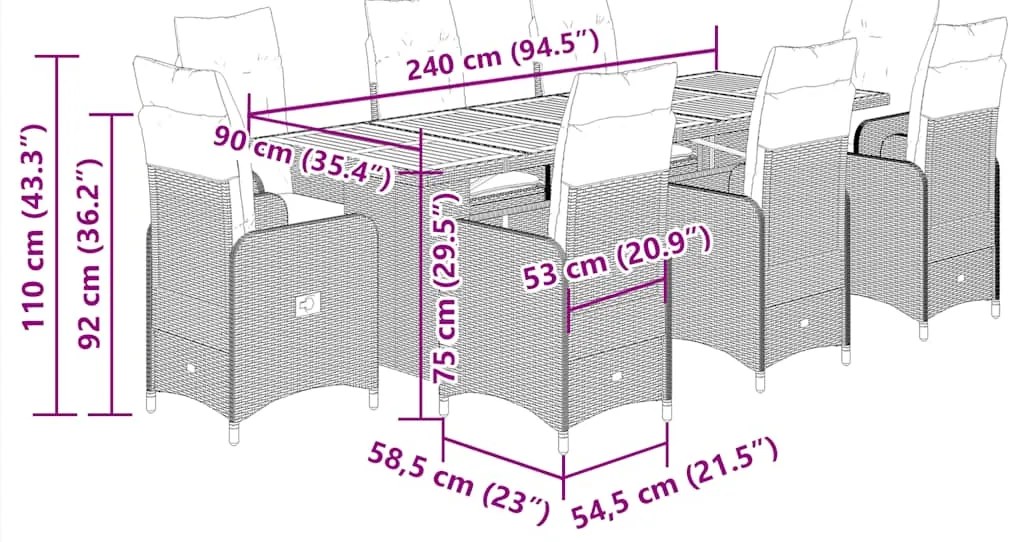9 pcs conjunto bistrô de jardim c/ almofadões vime PE cinzento