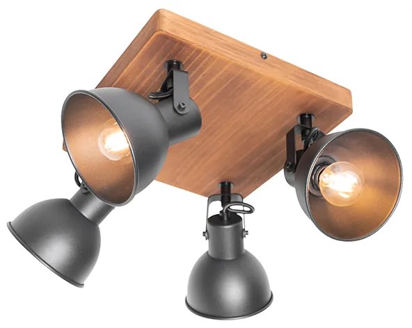 Foco industrial preto com madeira inclinável 4-luzes - Tommy Industrial