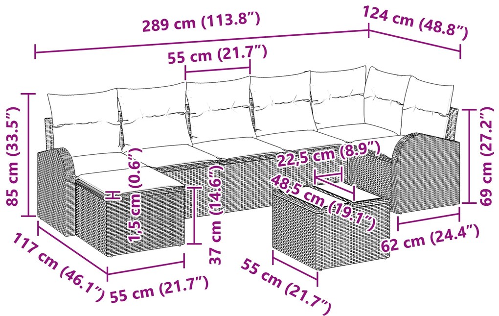 Conjunto de Sofá para Jardim de 8 Peças com Almofadas em Rattan Políme