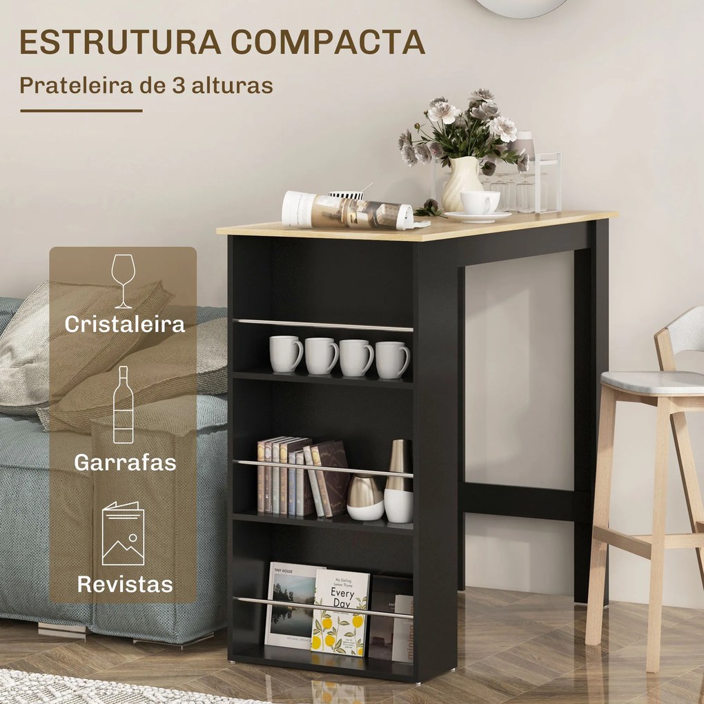 Mesa de Bar com 3 Prateleiras (BANCO NÃO INCLUÍDO) com Suporte Estilo Moderno para Cozinha Sala de Jantar 112x57x106 cm Preto e Madeira
