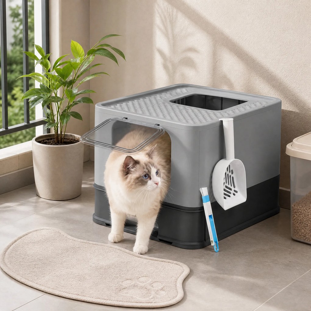 Caixa de areia gatos com gaveta 54,3 x 42,5 x 37,8 cm, caixa de areia em aço inoxidável, 2 entradas cinzento antracite