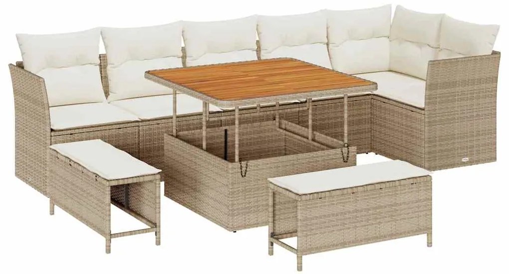 Conjunto de Sofá de Jardim com 9 peças e almofadas bege em poliratã e