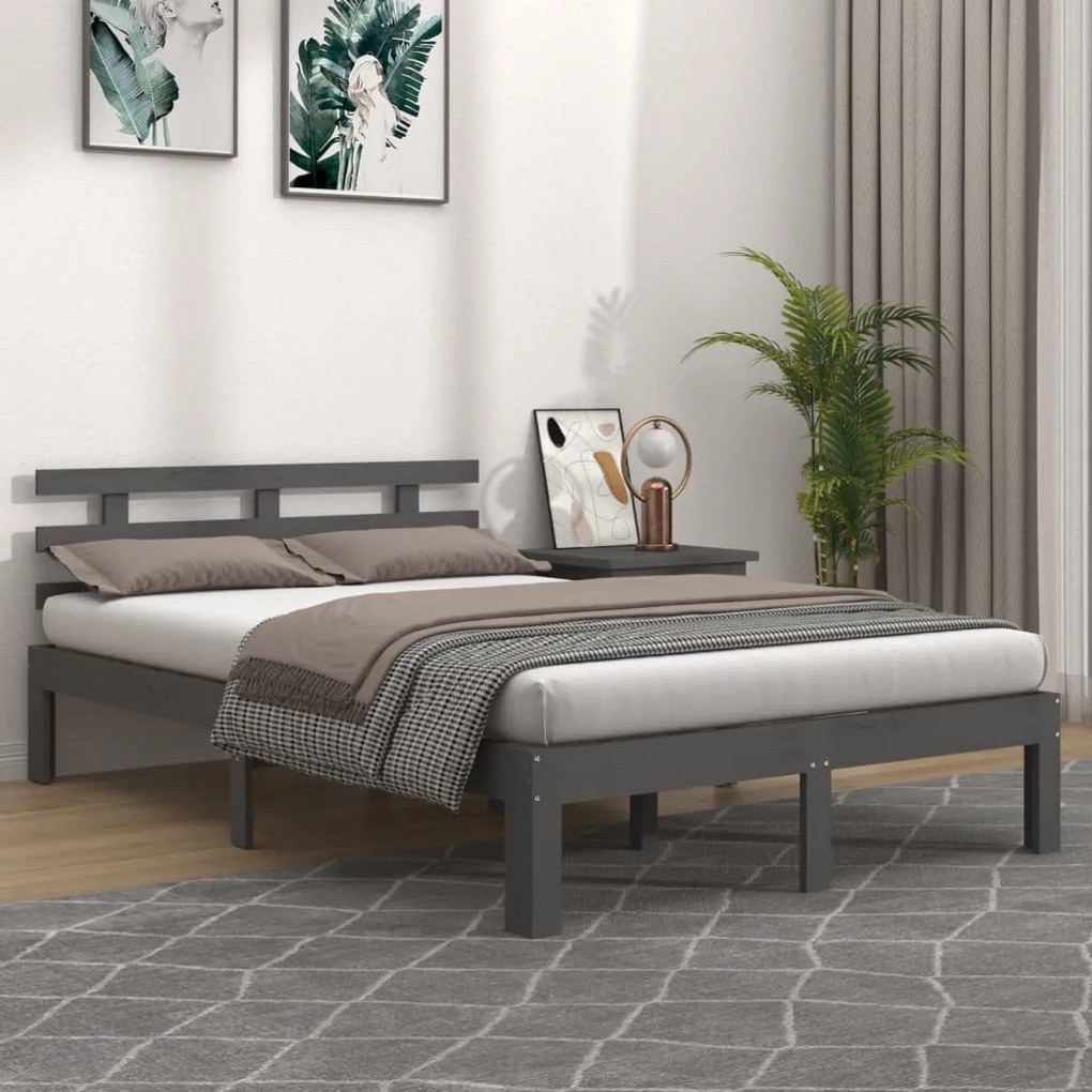 Estrutura de cama casal 135x190 cm madeira maciça cinzento