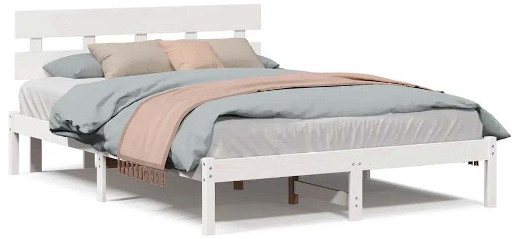 Estrado de Cama com Cabeceira Branco 160x200 cm Madeira Maciça de Pinh