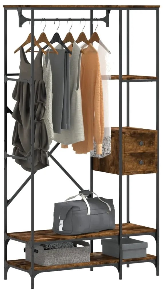 Charriot/Suporte p/ roupas c/ prateleiras deriv. madeira carvalho fuma