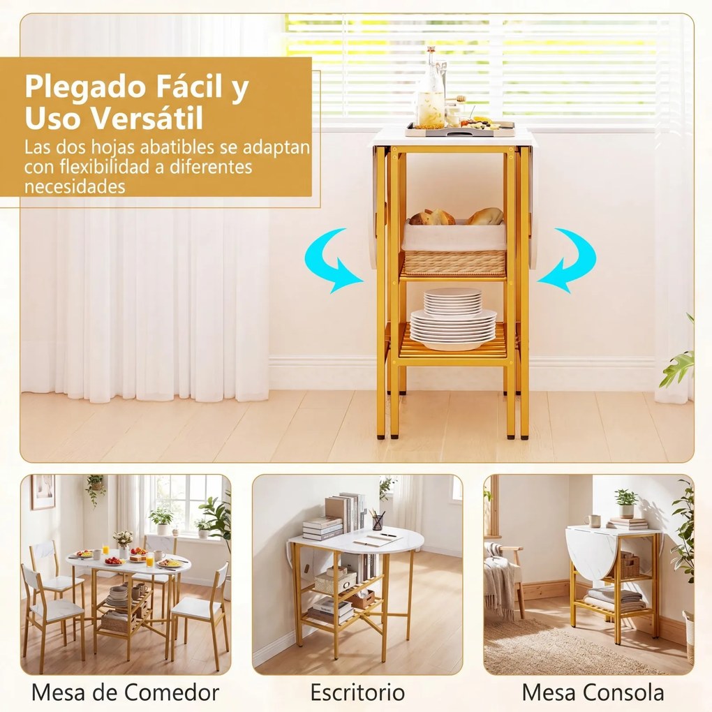 Mesa de jantar extensível e dobrável com 2 extensões rebatíveis 110 x 70 x 76 cm, 2 prateleiras de arrumação e Estrutura metálica para espaços pequeno