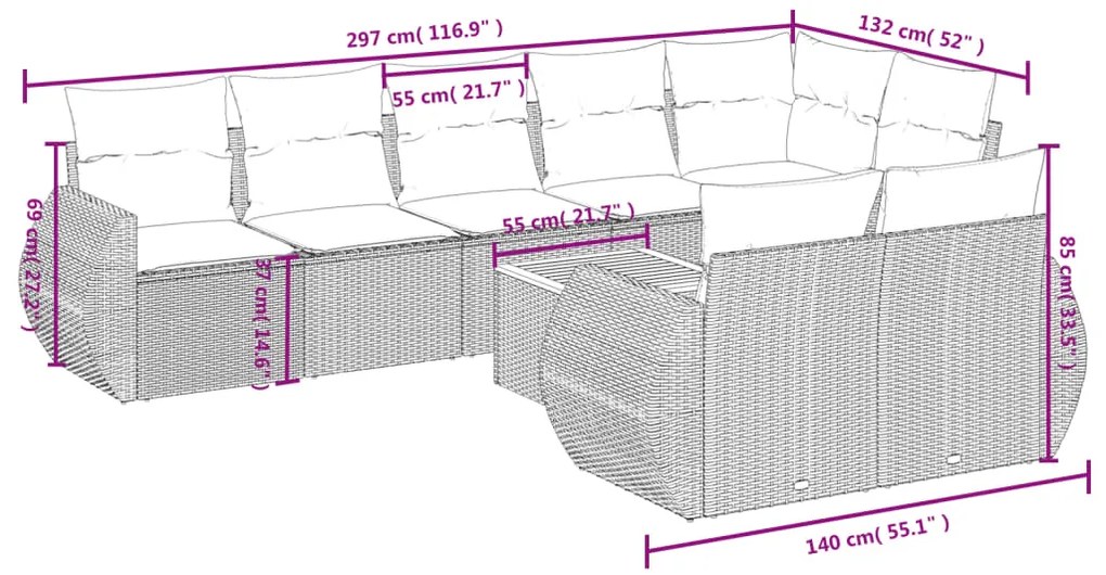 9 pcs conjunto de sofás p/ jardim c/ almofadões vime PE preto