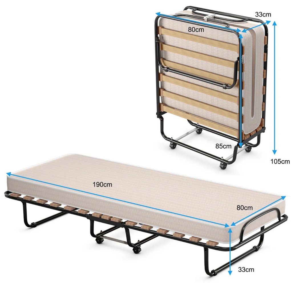 Cama dobrável com colchão Cama de hóspedes portátil com rodas em espuma de memória Estrutura de aço 190 x 80 x 33 cm Bege