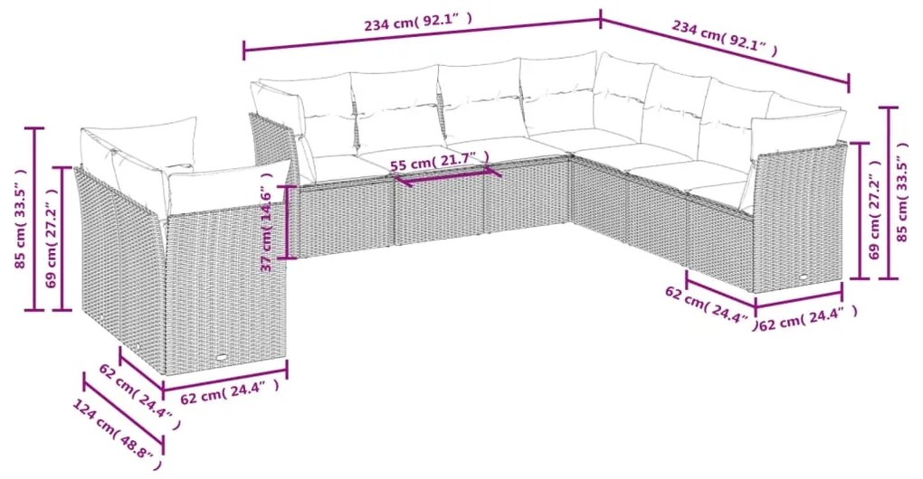 9 pcs conjunto de sofás p/ jardim com almofadões vime PE bege