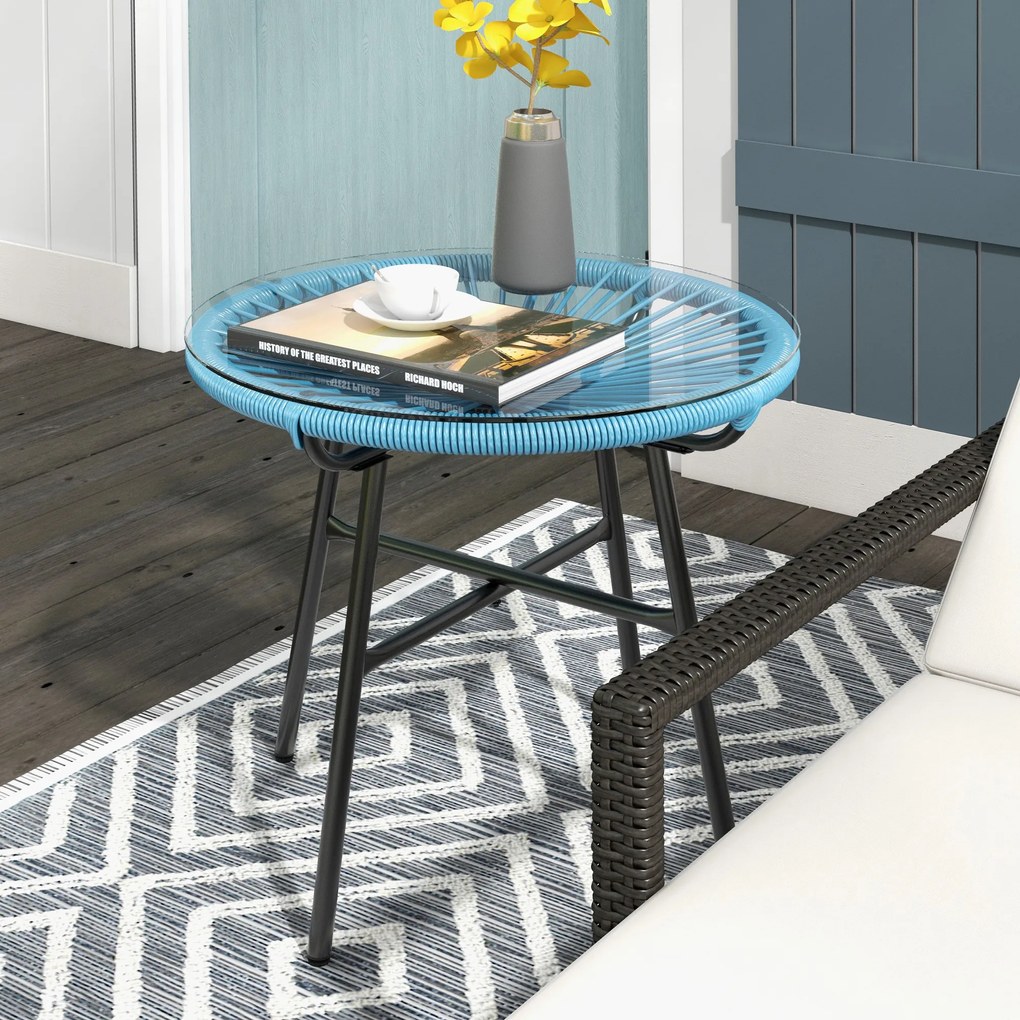 Mesa de centro redonda de jardim  Ø 50 x 50 cm (altura) em resina com acabamento em rattan e metal e tampo em vidro temperado, azul e preta