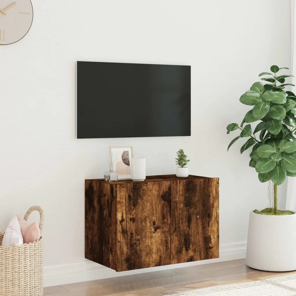 Móvel de parede p/ TV c/ luzes LED 60x35x41 cm carvalho fumado