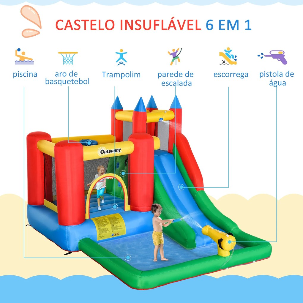 Outsunny Castelo Insuflável com Escorrega Trampolim Piscina e Pistola