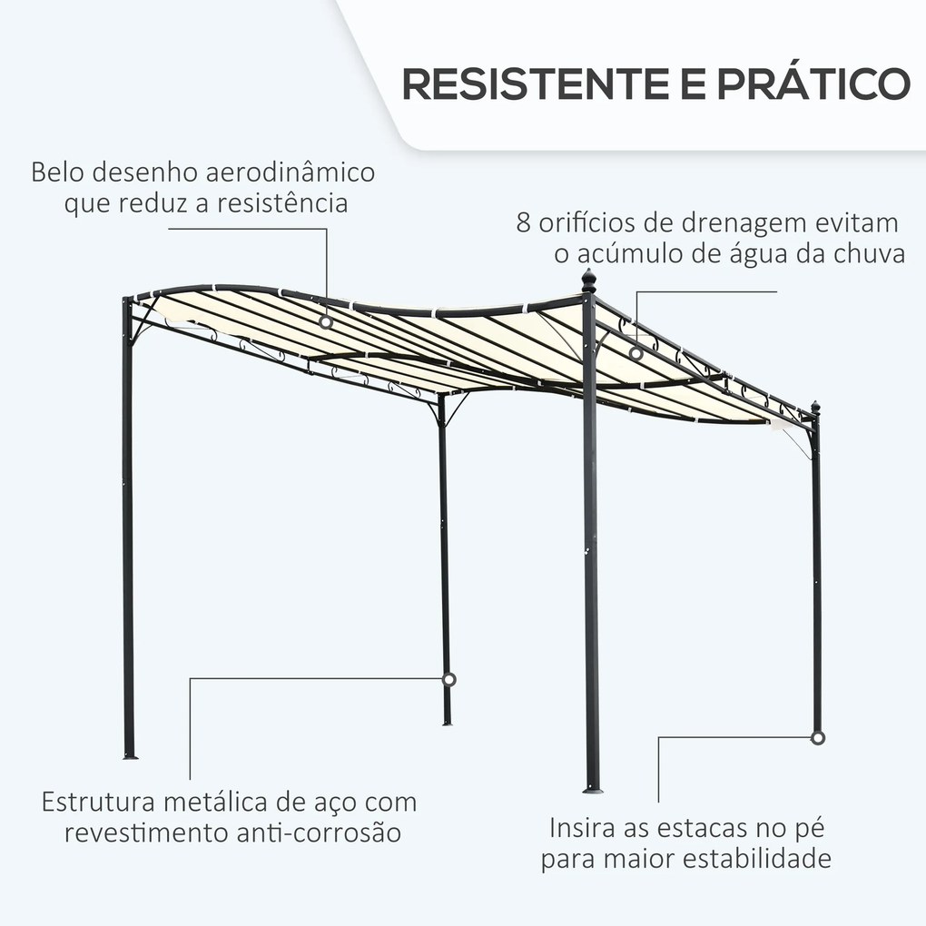 Pérgola de Jardim 3x3m Pérgola Montada na Parede com Toldo e 16 Orifícios de Drenagem Metal e Poliéster Creme