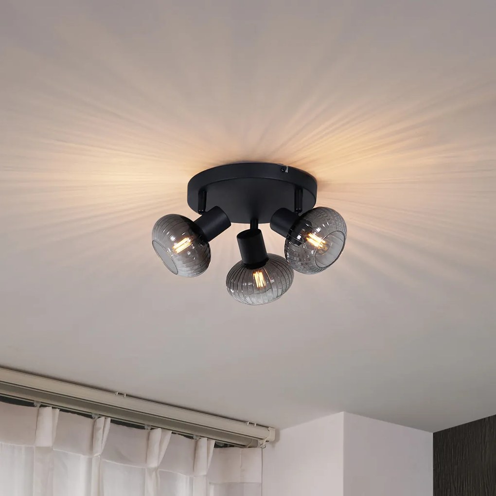 Candeeiro de Teto Moderno Preto com Vidro Fume Redondo 3 Luzes - Teddy