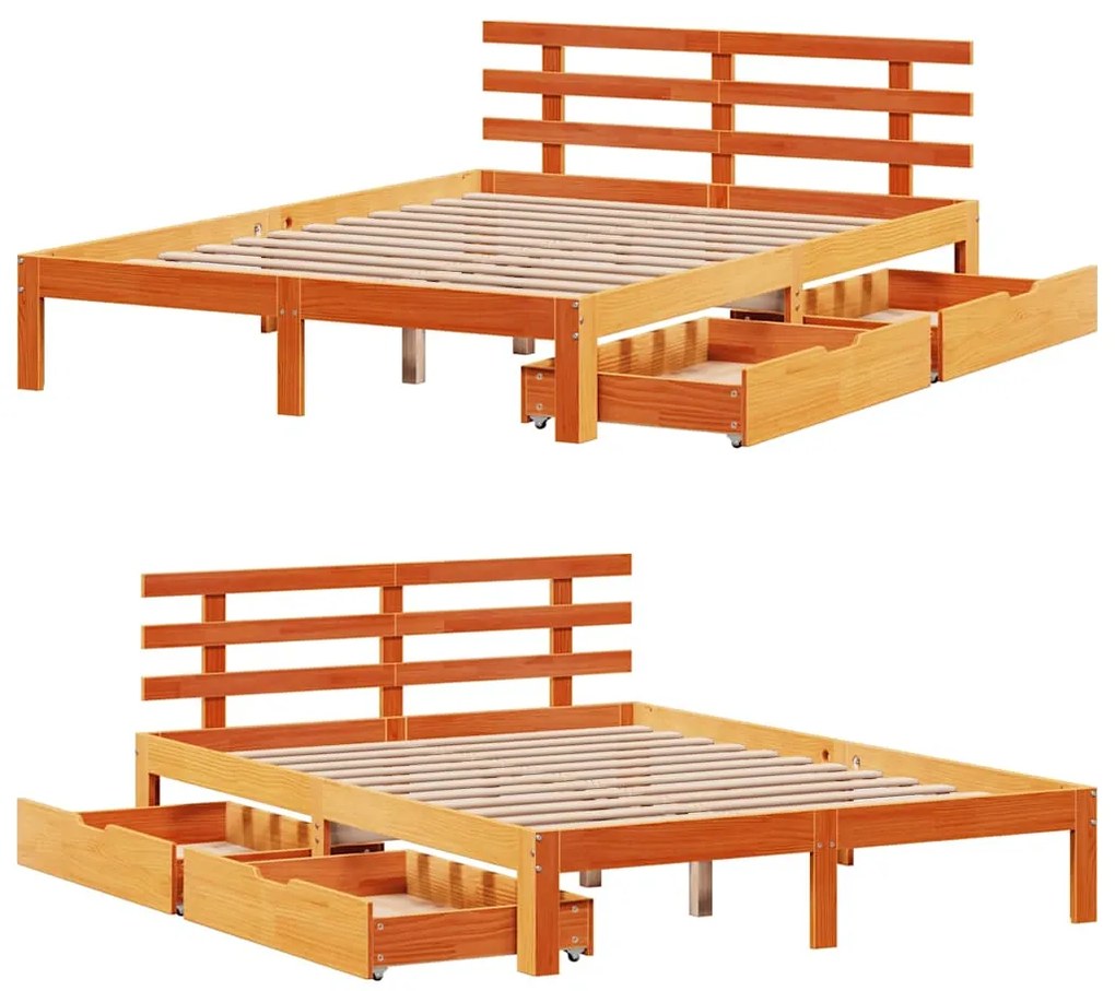 Estrutura cama c/ gavetas 160x200 cm pinho maciço castanho-mel