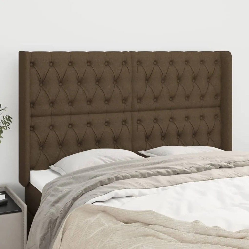vidaXL Cabeceira cama c/ abas tecido 147x16x118/128 cm castanho-escuro