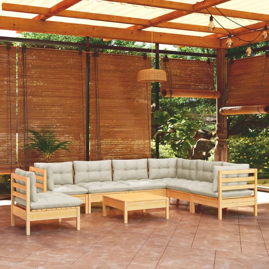 vidaXL 8 pcs conjunto lounge jardim c/ almofadões creme pinho maciço