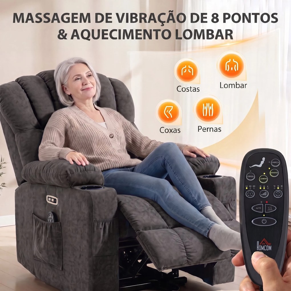 Poltrona Relax Reclinável Elétrica Elevatória com Massagem Vibratória, Calor, Assento Largo, USB-C, USB-A, Bolsos, Preta