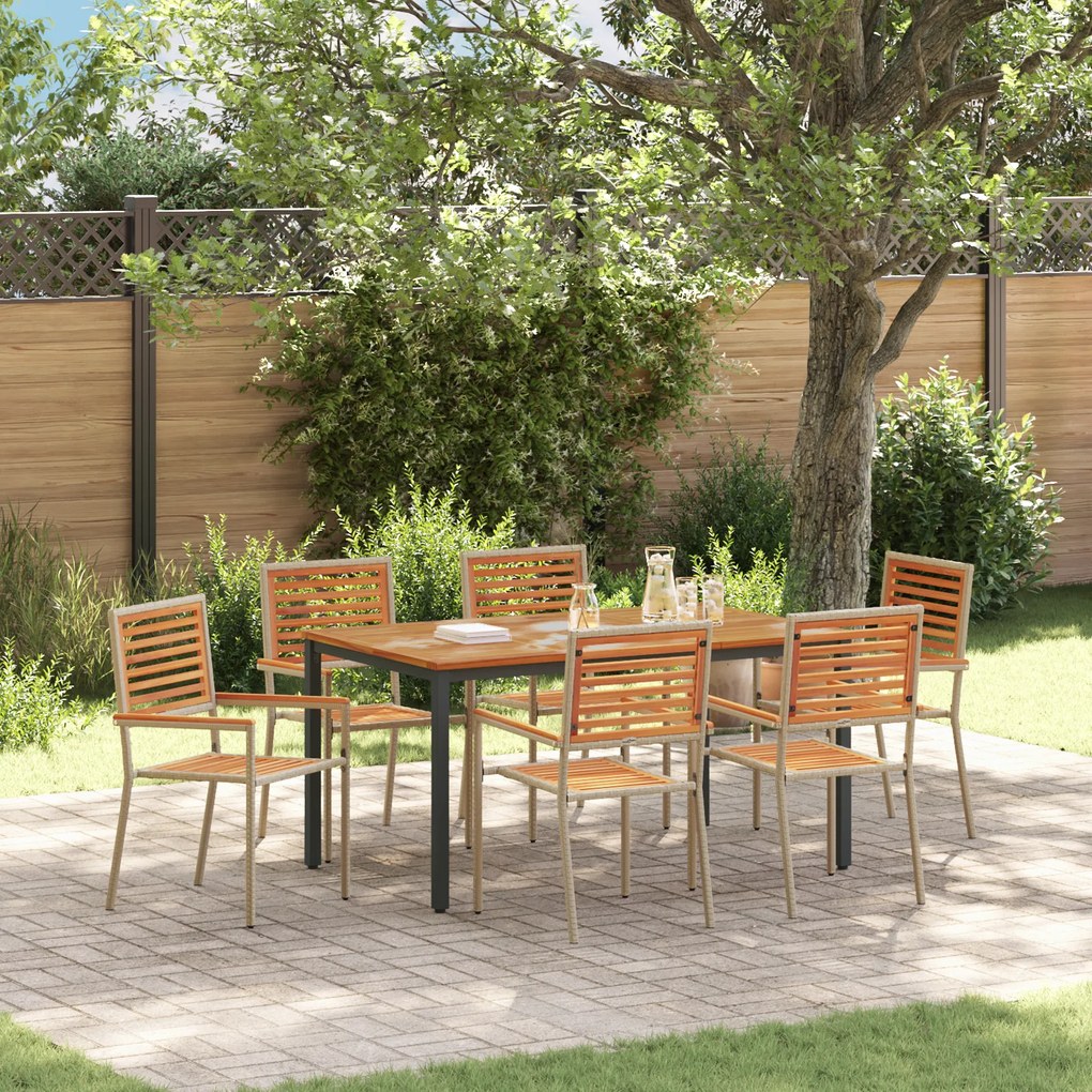 Conjunto de Jantar para Jardim vidaXL 7 Peças de Rattan Poliéster Bege Acácia
